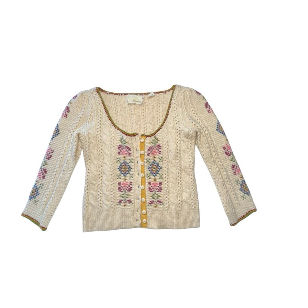 Anthropologie Guinevere Vtg Inspired Cross Stitch Cable Knit Cardigan Sweater Sm
